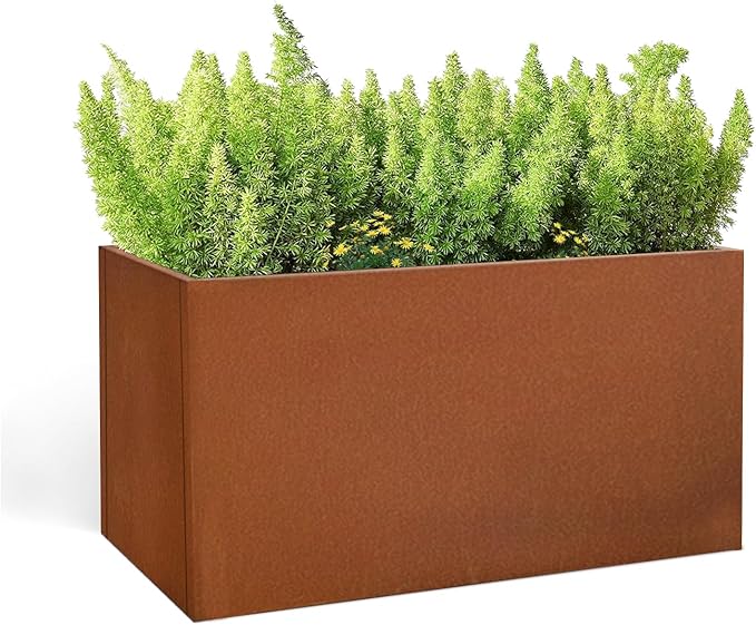 Corten Steel Corner Metal Planter Box L32 x W12 x D16 Garden Steel Planter Pot for Patio Modern Farmhouse Rustic Design (L32 x W12 x D16, Rusted)