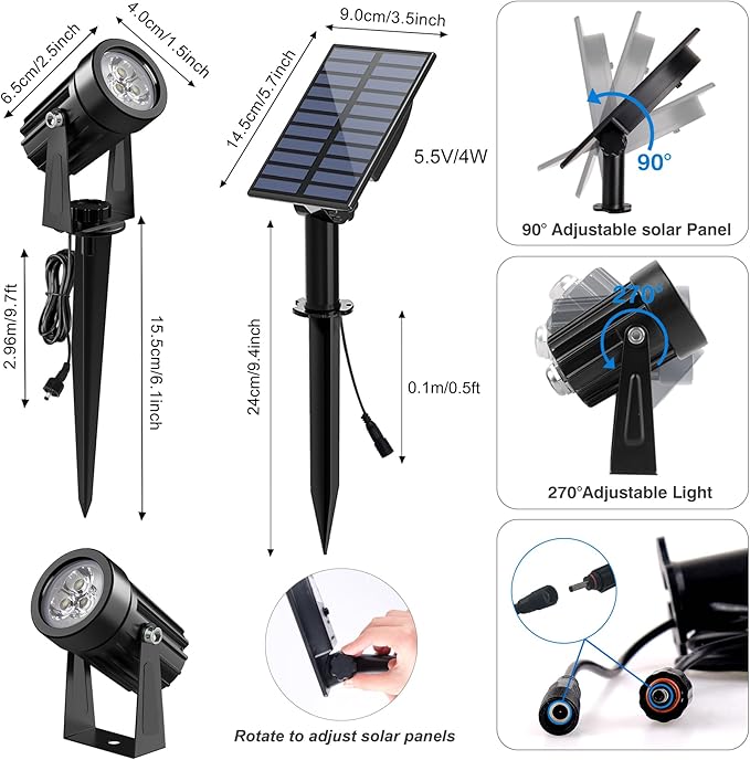 Solar Spot Lights Outdoor, Solar Landscape Spotlights IP65 Waterproof 9.8ft Cable,Auto On/Off Outdoor Wall Lights for Garden Yard Driveway Porch Walkway Pool (6000K White)
