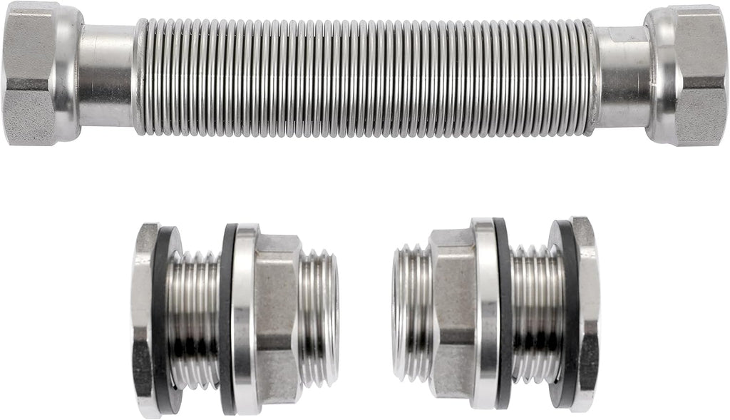 RBLSS5 Heavy Duty Stainless Steel Rain Barrel Linking Kit (Two SS304 Bulkhead Fittings and One 5” SS304 Corrugated Hose Expandable to 7.5”) (1)