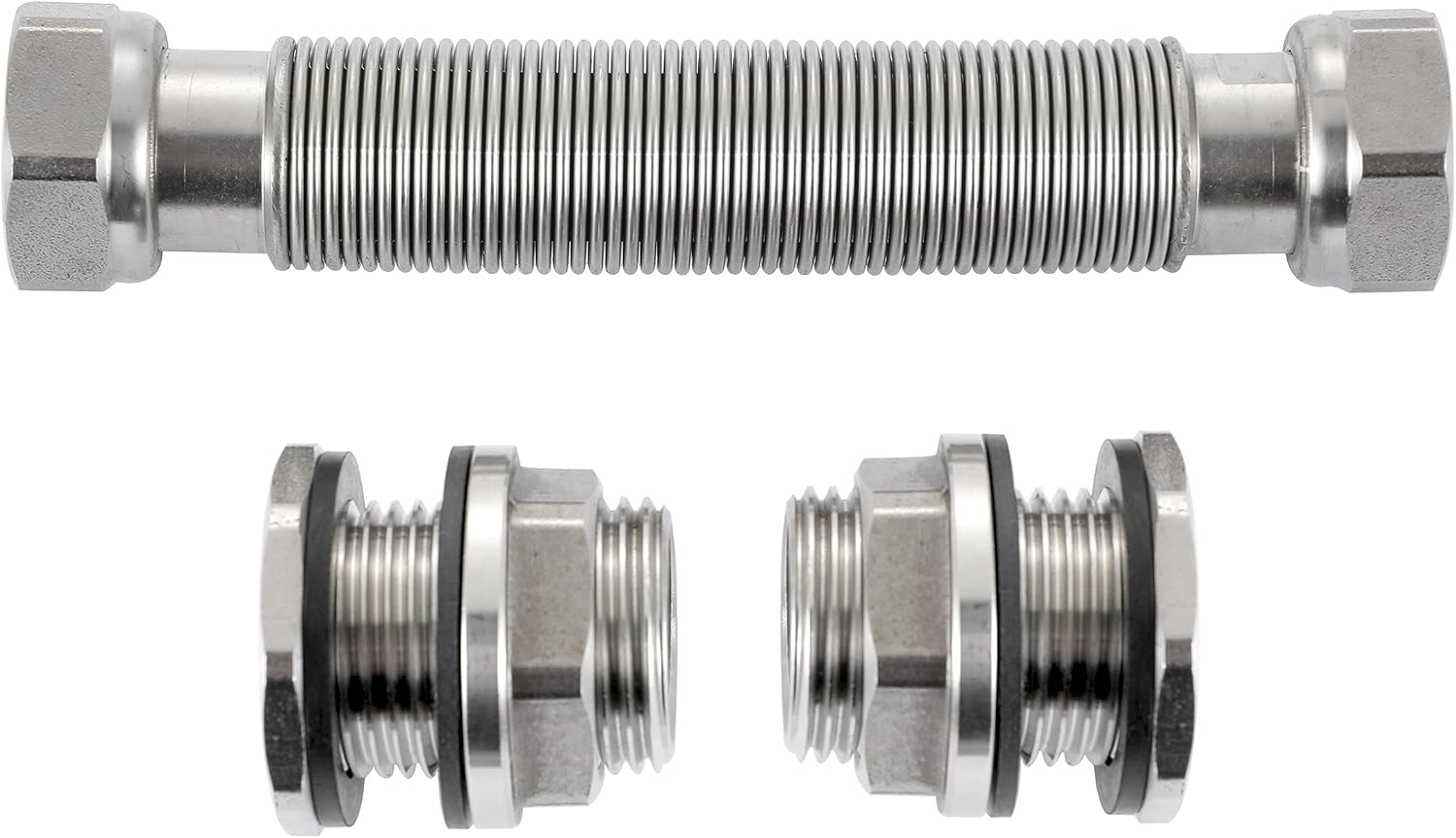 RBLSS5 Heavy Duty Stainless Steel Rain Barrel Linking Kit (Two SS304 Bulkhead Fittings and One 5” SS304 Corrugated Hose Expandable to 7.5”) (1)