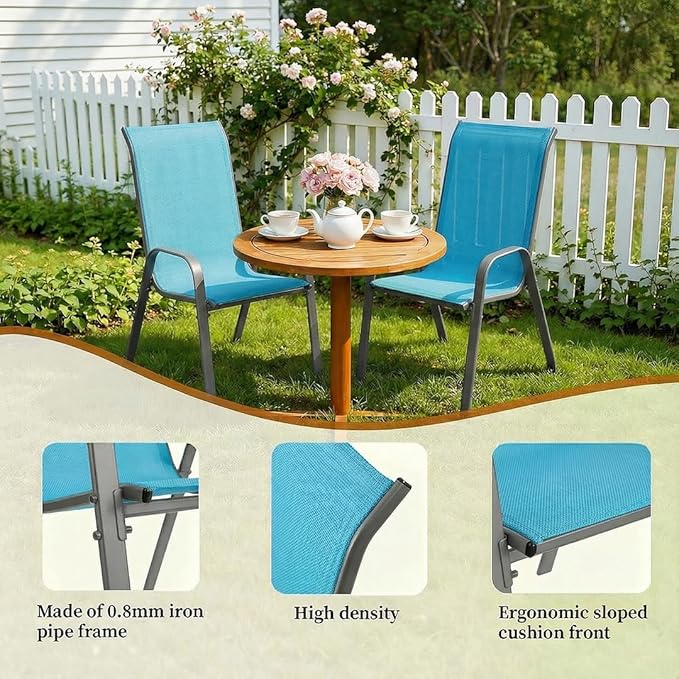 MAMIZO Patio Dining Chairs, Stackable All Weather Teslin Chair, Heavy Duty Outdoor Breathable Chairs Set, w/Armrests, Upgraded Chair FeetW/Strenthened Iron Spacers, 330 LBS (8, Turquoise Blue)