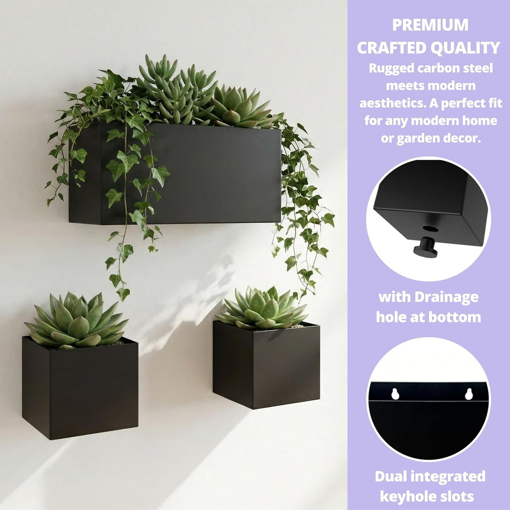 LaLaGreen Wall Planters (3-Pack Set) Rectangular Wall Mounted Hanging Flower Boxes for Indoor Plants, Black Carbon Steel Metal Windox Box Planter Plant Modern Balcony Windowsill Herb Home Garden Decor