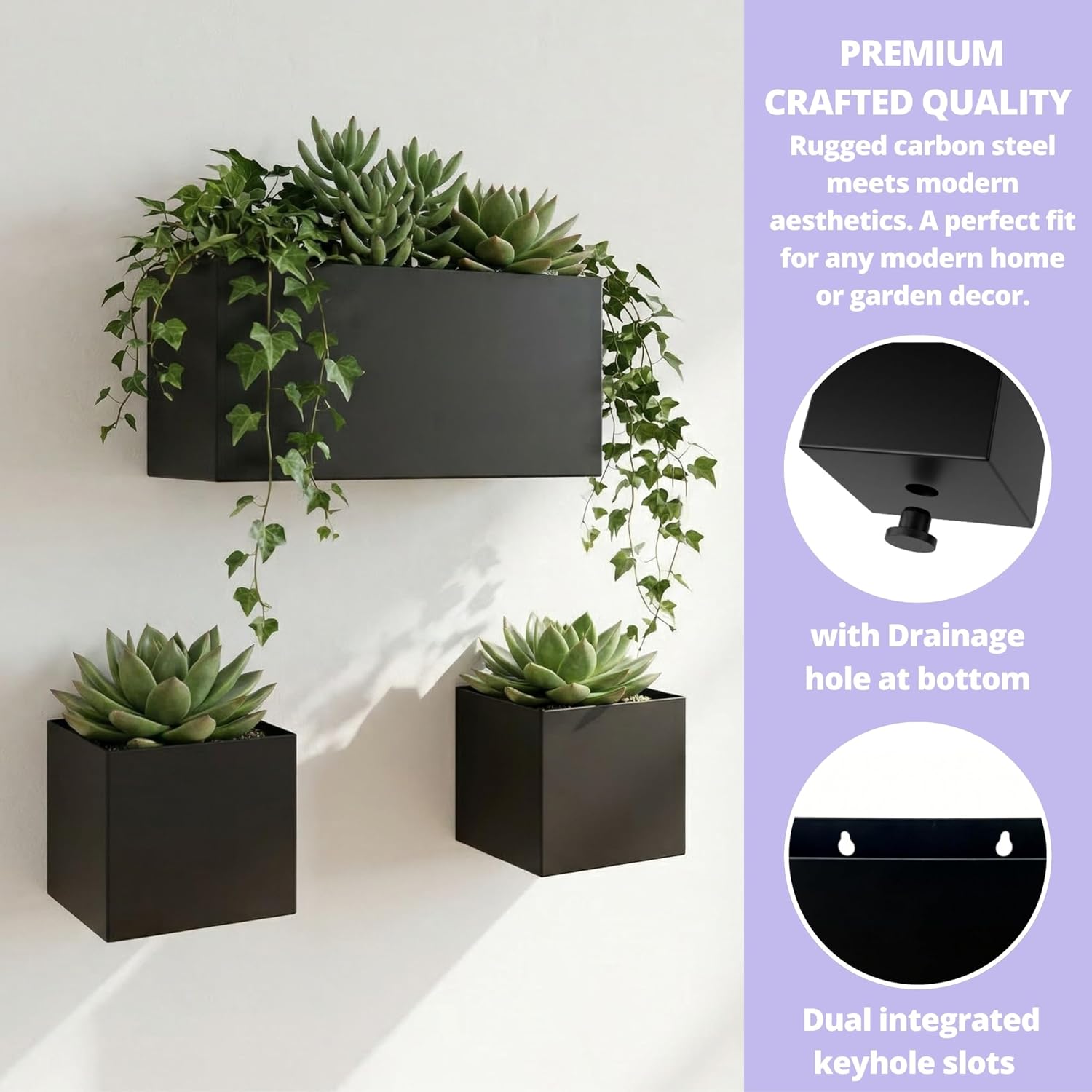 LaLaGreen Wall Planters (3-Pack Set) Rectangular Wall Mounted Hanging Flower Boxes for Indoor Plants, Black Carbon Steel Metal Windox Box Planter Plant Modern Balcony Windowsill Herb Home Garden Decor