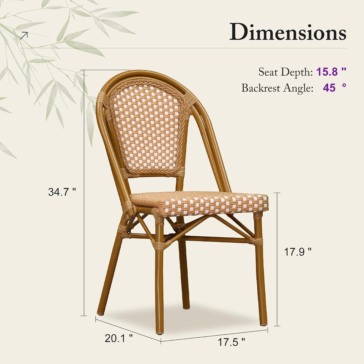 PURPLE LEAF Outdoor Dining Chair Set of 4 Bamboo Finish Amber White | Bamboo Finish Parisian Charm, Coated Aluminum Less Upkeep, Two-Tone Weave Easy Match, French Wicker Timeless Style, Armless