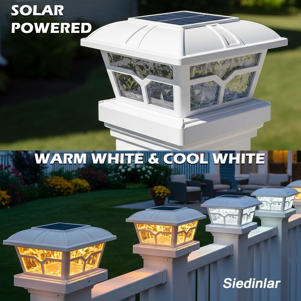 SIEDiNLAR Solar Post Cap Lights Outdoor 2 Modes, 4 Pack, White, Warm/White | Fence Post Lights, 8 LEDs for 4x4, 5x5 & 6x6 Vinyl/Wood Posts, Solar-Powered Waterproof for Patio, Deck, Garden & Yard Decor