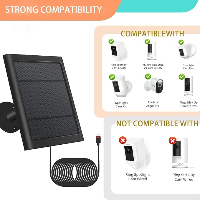 2 Pack - Solar Panel for Ring Security Camera Spotlight Cam Plus/Pro(Battery) Stick Up Cam/Pro Wireless Outdoor with 10FT/3M Long Cable Dustproof Waterproof BK