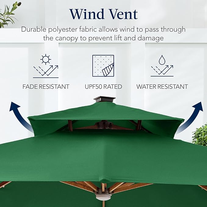 Best Choice Products 10ft Square Cantilever Patio Umbrella w/Base Included, Woodgrain Pattern Pole & Solar LED Lights, 360-Rotation, Offset Hanging Outdoor Shade - Green