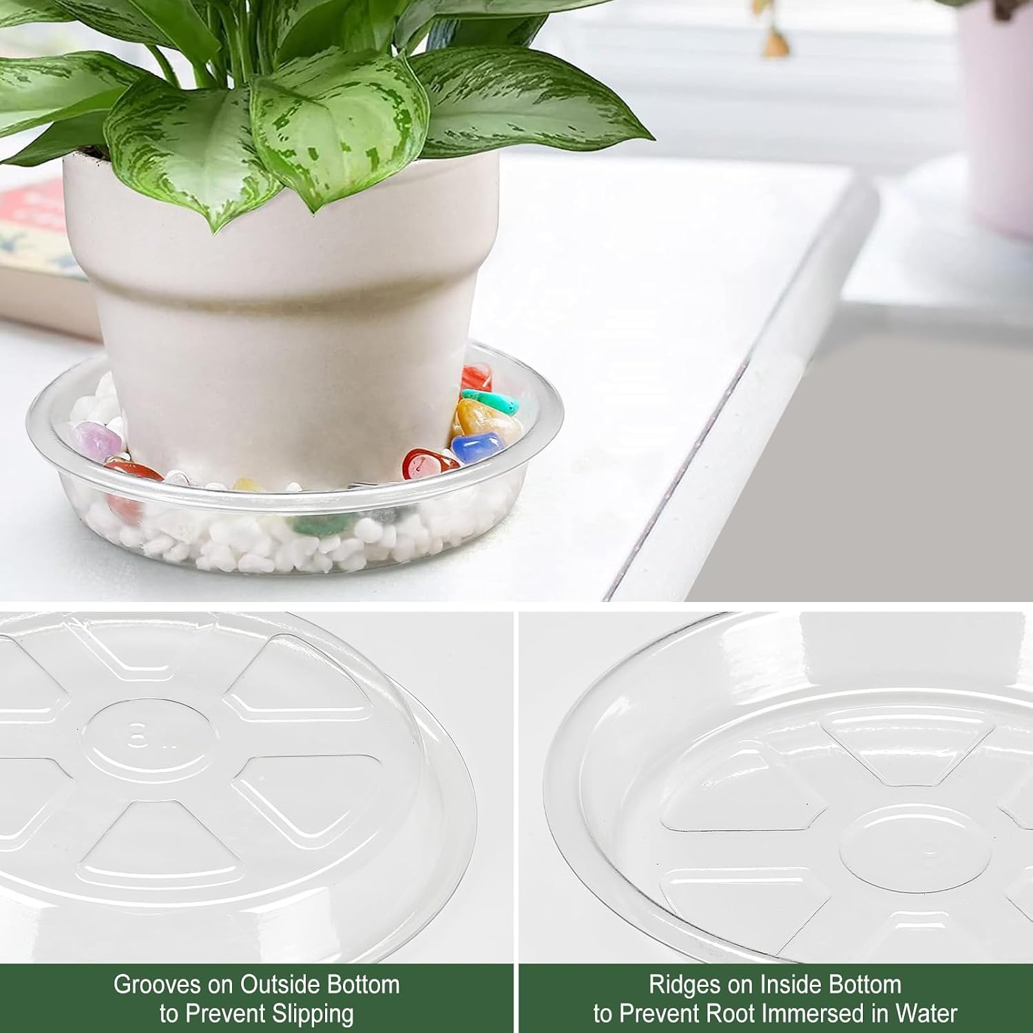 BORPEIN Plant Saucer (6,8,10,12inch, 24 Pack) Clear Plastic Plant Trays for Pots Indoors Outdoors, Thicker Flower Pot Saucers, Plant Plate to Catch Water