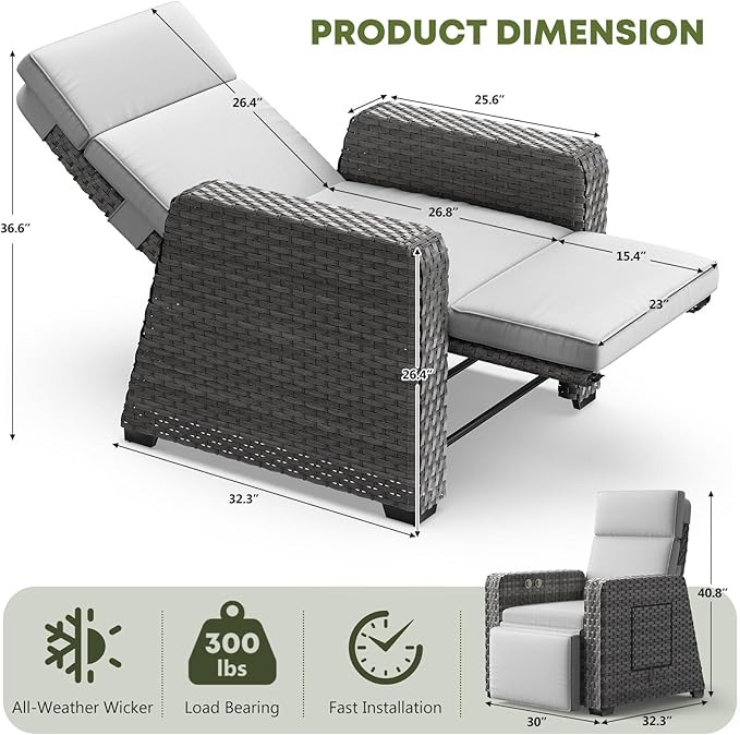 WACASA Outdoor Recliners Set of 2 with Independent Dual-Control – 150° Lay-Flat Wicker Patio Armchair with Air Pump, Flip-Up Side Table, Extended Footrest & 5" Thick Fade-Resistant Olefin Cushions