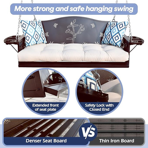 3-Seat Metal Porch Swing 900 LBS Heavy Duty Hanging Bench with Upgraded Tray & Cushions Rust-Resistant Finish Swing Chair with 8.9FT Chains for Patio Lawn Garden