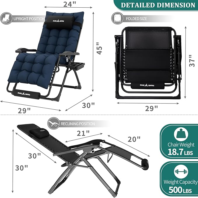 UDPATIO Oversized Zero Gravity Chair 29In XL Patio Reclining Chair with Cushion, Outdoor Folding Adjustable Recliner with Cup Holder, Foot Rest & Padded Headrest, Support 500LB, Navy