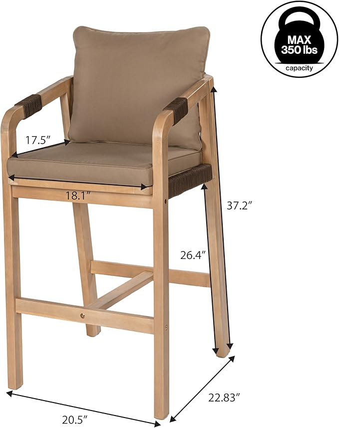 JONATHAN Y BSL1200C-SET2 Porto Modern Coastal Tub Roped Acacia Wood Outdoor Bar Stool with Cushions and Armrests, for Patio, Lawn, Backyard, Deck, Brown/Light Teak (Set of 2)
