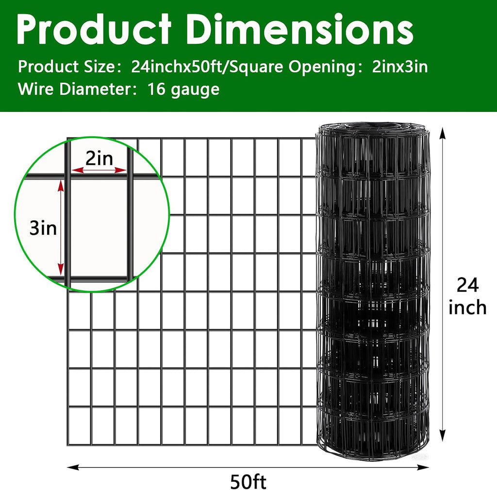 Black Hardware Cloth 2 x 3inch, 24in x 50ft 16 Gauge, PVC Coated Galvanized Steel Chicken Wire Fence Roll Garden Plant Welded Metal Wire Fencing Roll, Rabbit Cages Snake Fence,Black