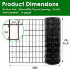 Black Hardware Cloth 2 x 3inch, 24in x 50ft 16 Gauge, PVC Coated Galvanized Steel Chicken Wire Fence Roll Garden Plant Welded Metal Wire Fencing Roll, Rabbit Cages Snake Fence,Black