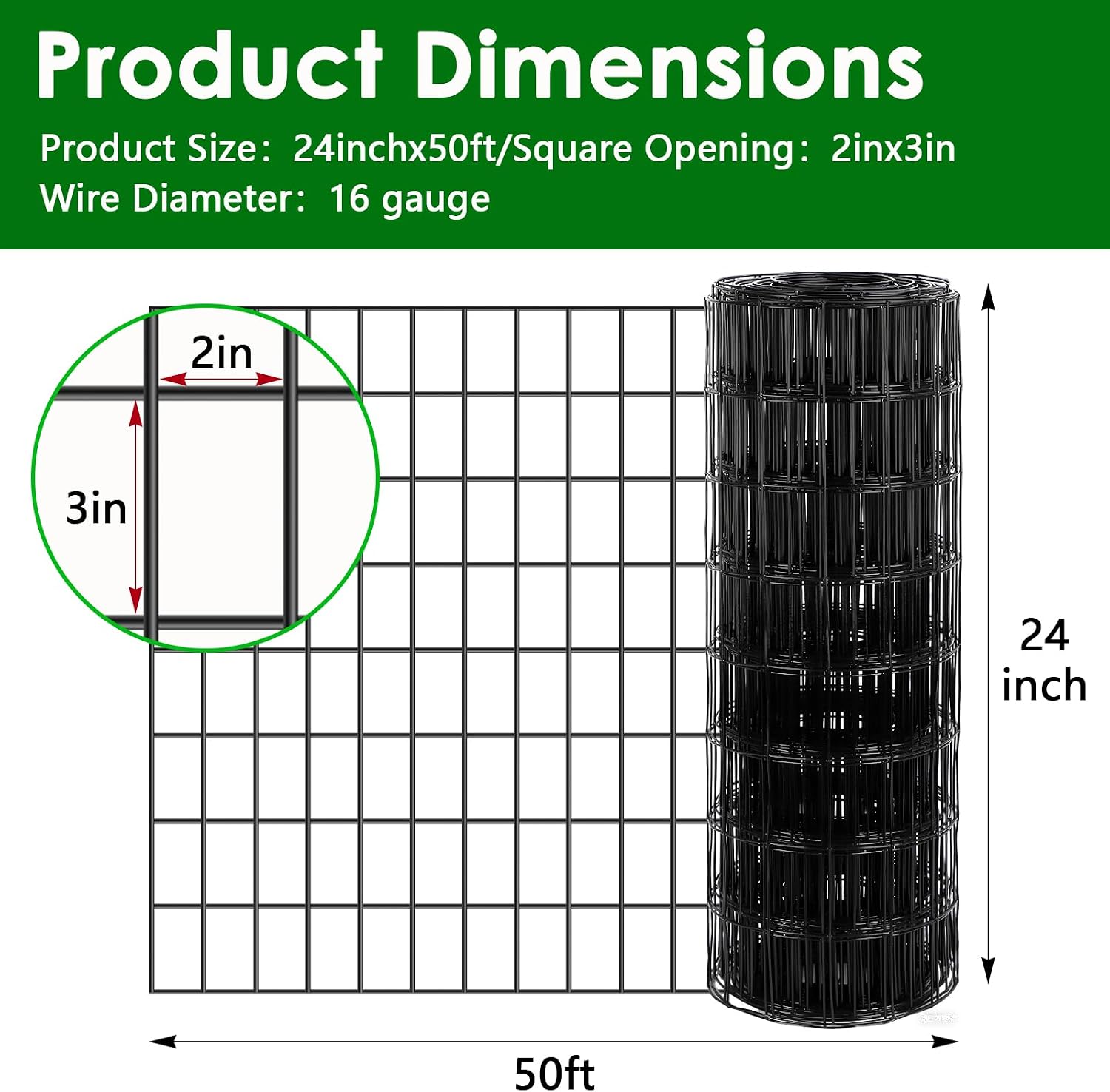 Black Hardware Cloth 2 x 3inch, 24in x 50ft 16 Gauge, PVC Coated Galvanized Steel Chicken Wire Fence Roll Garden Plant Welded Metal Wire Fencing Roll, Rabbit Cages Snake Fence,Black