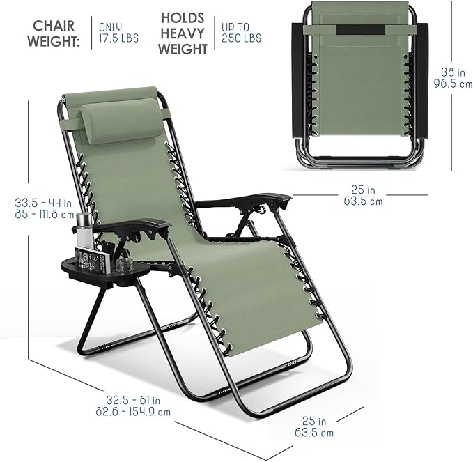 Nestl Zero Gravity Chairs Set of 2, Patio Lounge Chair Outdoor with Pillows & Cup Holder Trays - Sage Green