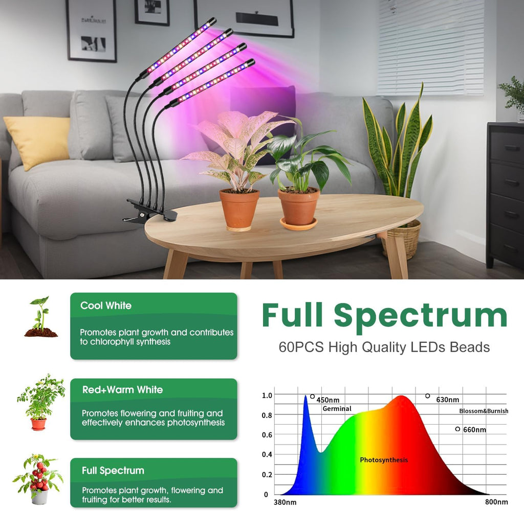 Grow Lights for Indoor Plants, Full Spectrum with Clip, 4 Head | 6000K Plant Light, Timer 6/12/16Hrs, 3 Spectrums, 5 Dimmable Levels, Flexible Gooseneck
