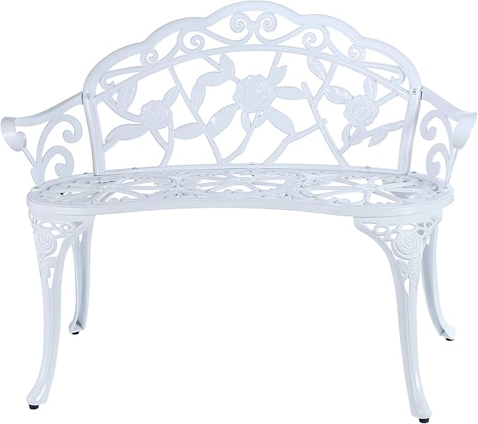Mandolin Outdoor Park Garden Chair,All Chair Anti Rust Cast Aluminum Patio Yard Bench,Carved Rose Loveseat Bench for Backyard .Porch.Balcony.Lawn (White with Cushion)
