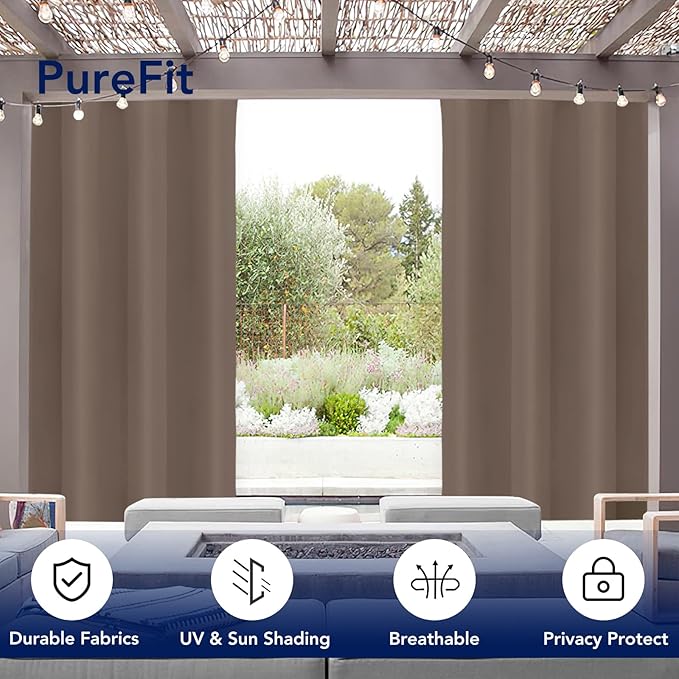 PureFit Outdoor Curtains for Patio Waterproof Weatherproof, UV Resistant Outside Curtains for Gazebo, Front Porch, Pergola, Sun Blocking Privacy Curtain, 52W x 108L inch, 1 Panel, Camel