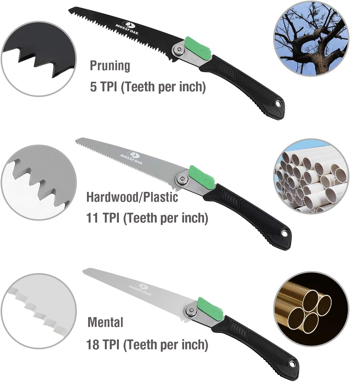 MOSSY OAK 3 in 1 Folding Saw, Pruning Hand Saw with Wood | Metal and PVC Blade, Camping Saw for Backpacking, Hunting and Bushcraft, Pouch Included