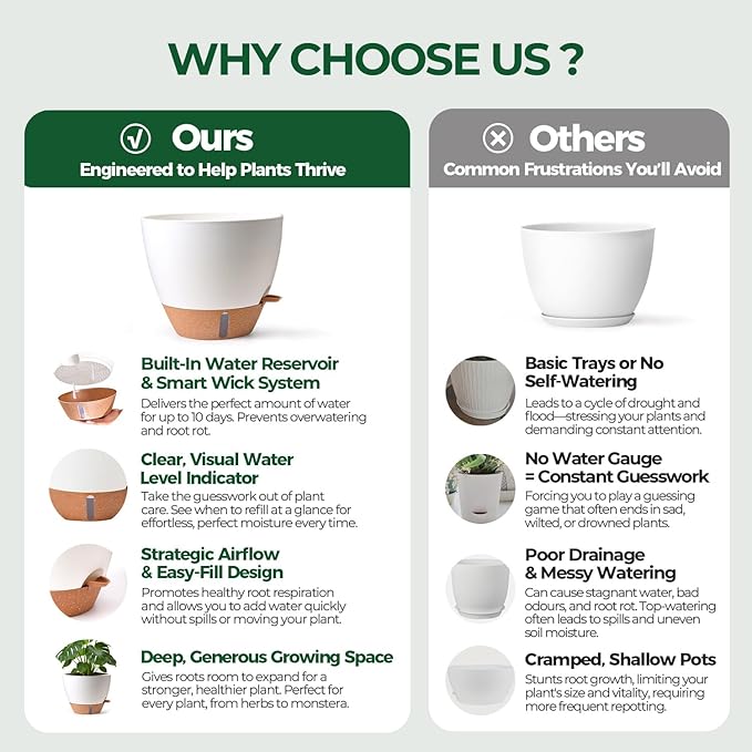T4U 12 Inch Self Watering Pot - Water Level Indicator & Deep Reservoir, Mess-Free Planter for Busy People, Beginners & Gardeners, Fits Rubber Tree/Fiddle Leaf Fig Plants, Indoor Outdoor Use (White)