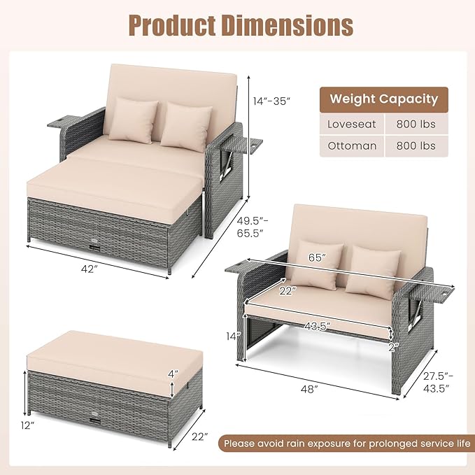 LDAILY Moccha Outdoor Daybed, Wicker Loveseat Sofa Set with 4-Postion Adjustable Backrest, Storage Ottoman, Cushions, Rattan Double Bed Lounger, Patio Furniture Set (Mixed Gray+Beige)