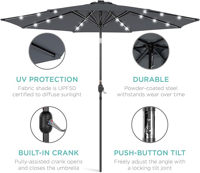 Best Choice Products 10ft Solar Polyester LED Lighted Patio Umbrella w/Tilt Adjustment and UV-Resistant Fabric