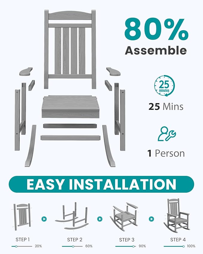 SERWALL Oversized Outdoor Rocking Chair, All-Weather Patio Rocking Chair, HDPE Porch Rocker for Adults, Light Gray