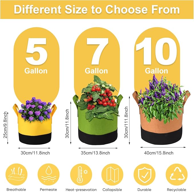 6-Pack 5/7/10 Gallon Grow Bags - 350G Heavy Duty Fabric Pots with Handles, Multi-Size Planter Bags for Potatoes Tomatoes Vegetables Fruit Flowers Herbs
