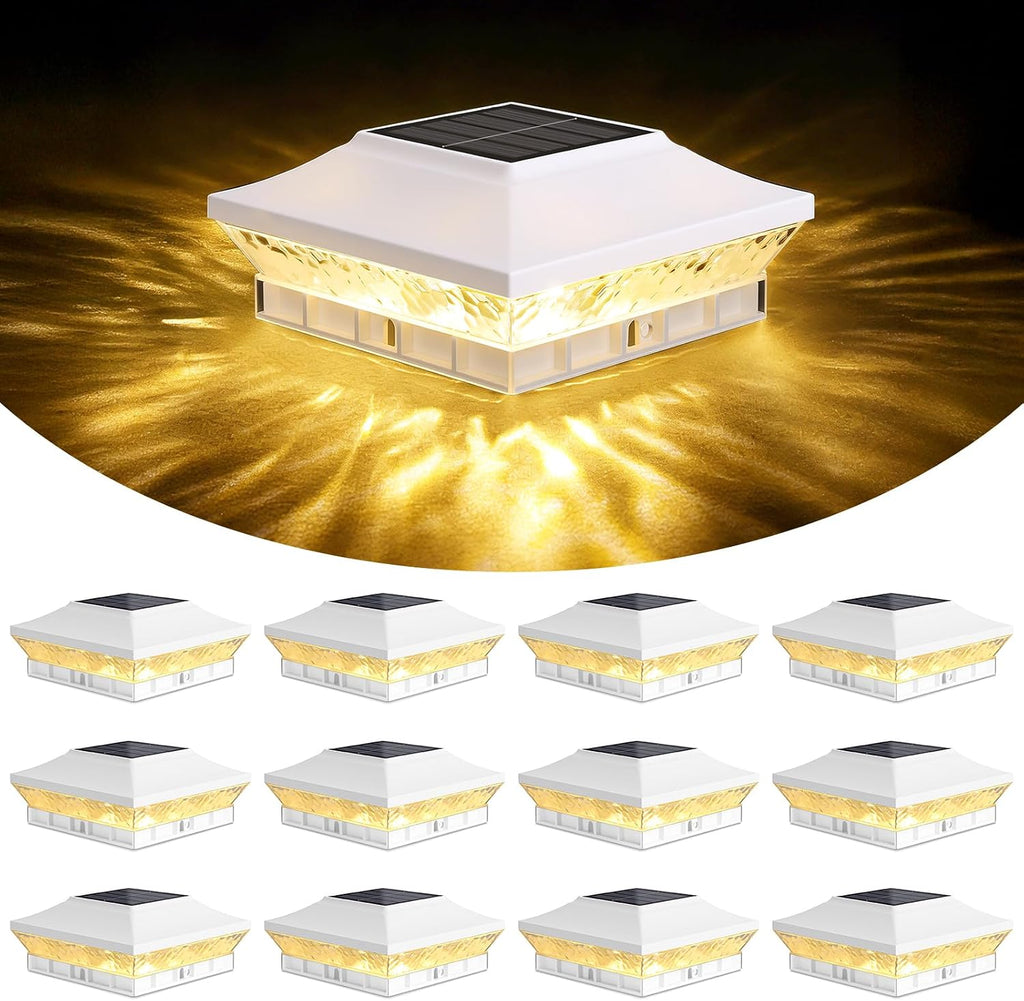 4x4 3.5x3.5 Solar Post Cap Lights 12-Pack White | 16LEDs, 2 Modes (Warm/Cool White), for Wooden/Vinyl Posts, IP65 Waterproof, Outdoor, for Fence, Deck, Patio, Yard, Porch