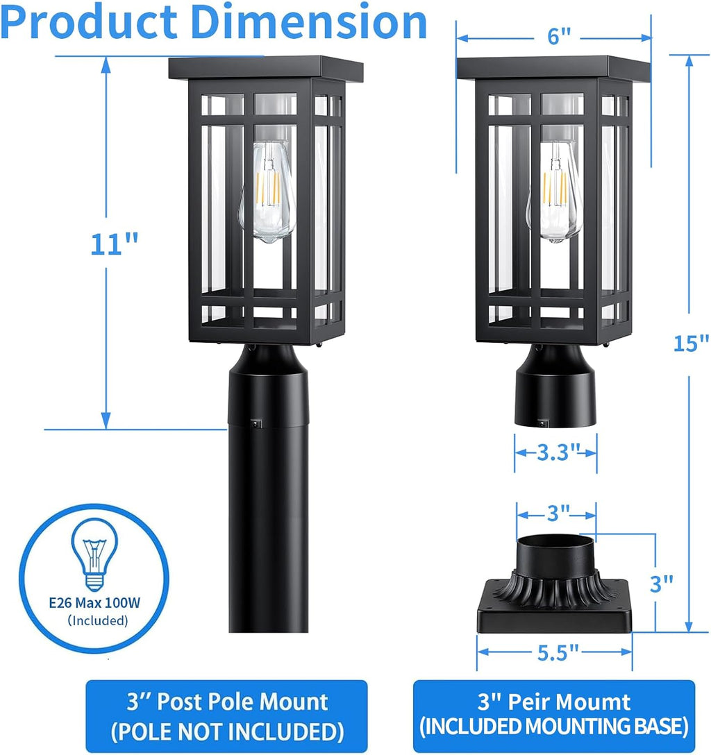 14'' Outdoor Solar Post Light, Dusk to Dawn Solar Lamp Post, Black, 1 Pack | Lamp Posts Light Fixture, Waterproof Outdoor Pole Lights for Yard Garage Porch Patio (Included Mounting Base)
