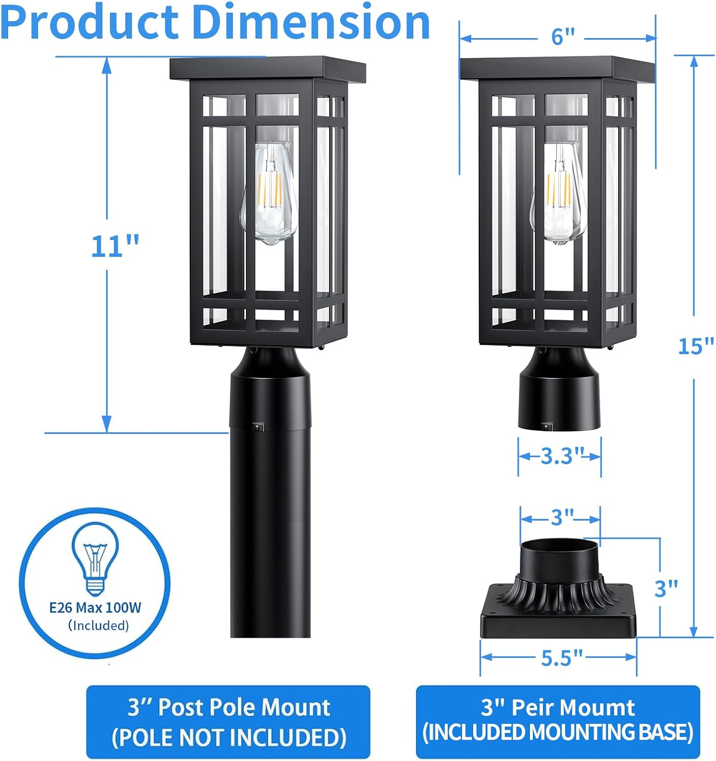 14'' Outdoor Solar Post Light, Dusk to Dawn Solar Lamp Post, Black, 1 Pack | Lamp Posts Light Fixture, Waterproof Outdoor Pole Lights for Yard Garage Porch Patio (Included Mounting Base)