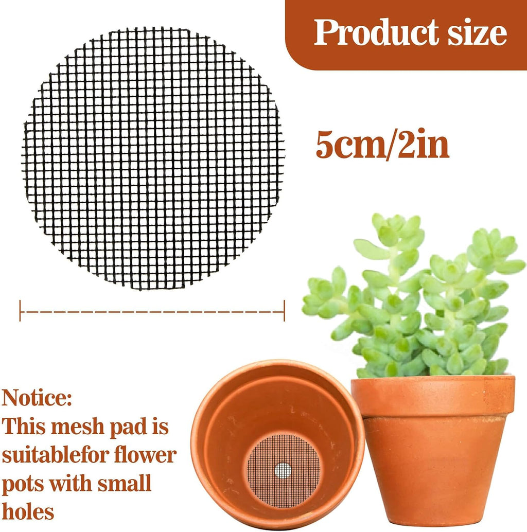 100 Plant Pots Hole Mesh Pad - MAQIHAN Drainage Mesh for Flower Pot, 2 Inch | Round Plant Mesh, Substrate Barrier, Mesh Grid Mat for Bonsai, Gardening Essentials, Prevent Soil Leaking Plant Accessories