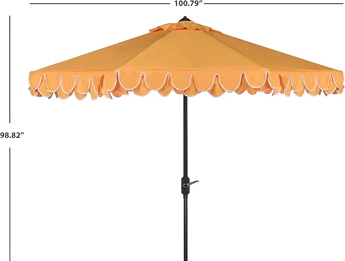 SAFAVIEH 9ft Outdoor Patio Umbrella, Round, Valance, Yellow & White Trim, Auto Crank Tilt, UV Resistant for Deck, Backyard, Poolside (PAT8006B)