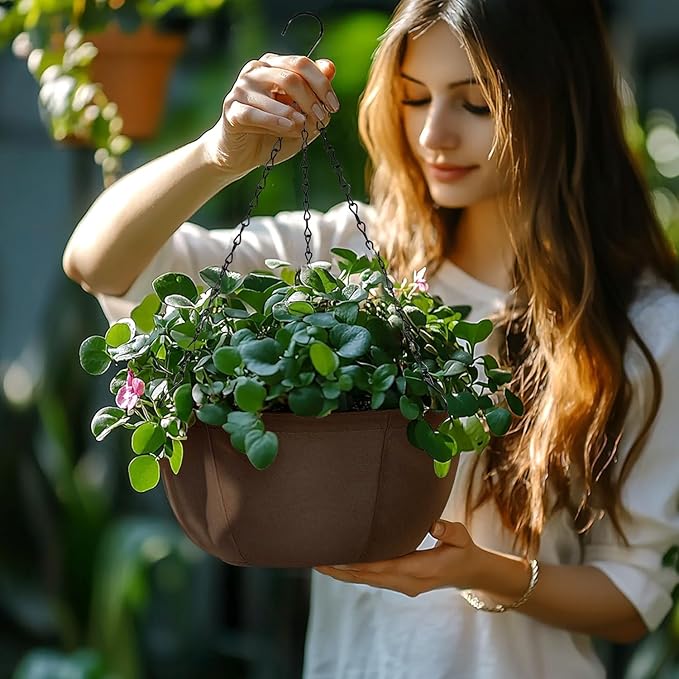 T4U Hanging Planters for Outdoor Plants, 10 Inch 6 Pack Fabric Hanging Baskets with Drainage Tray, Decorative Hanging Pots for Plants Outdoor Patio Porch Garden Use（Brown）