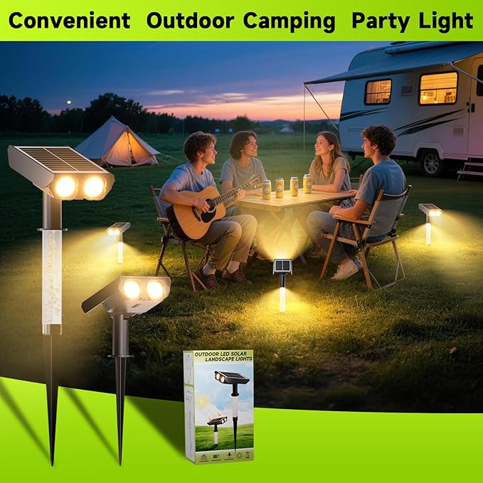 Solar Spotlights Outdoor Waterproof- 2 IN 1 Solar Spot Lights Outdoor with 2 Lighting Modes & PC Light Guide Column for Garden Yard Pathway | Warm Yellow 3000k Spotlights | IP65 Waterproof | 4 Pack