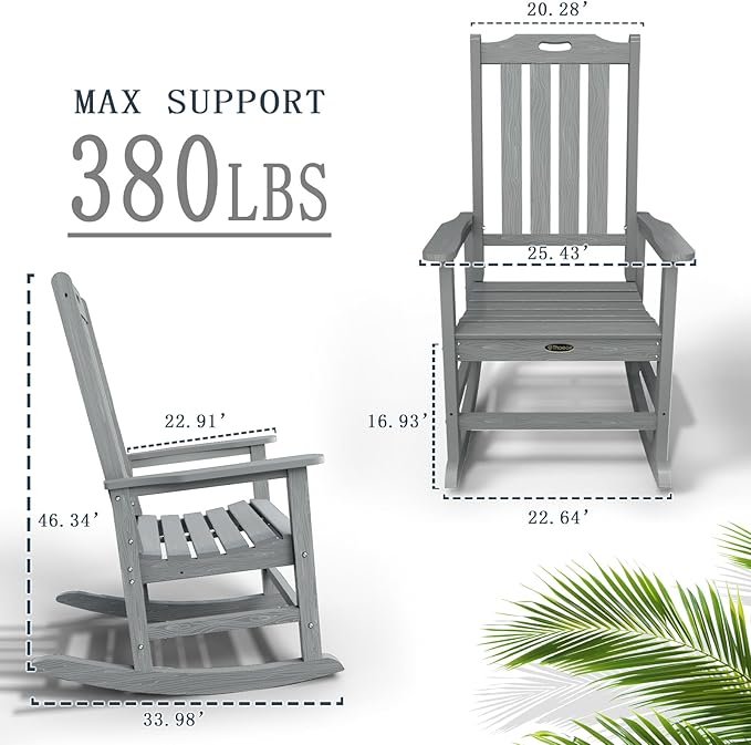 Oversized Rocking Chair Set of 2, Outdoor Rocking Chair for Adults, All Weather Resistant Porch Rocker for Lawn Garden, Grey