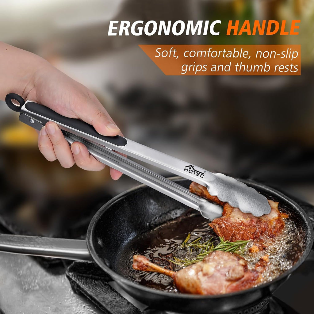 Hotec Stainless Steel Kitchen Tongs, Locking Metal Food Tongs for Cooking, Serving, BBQ, Grill & Air Fryer with Non-Slip Grip, Set of 2-9" and 12"