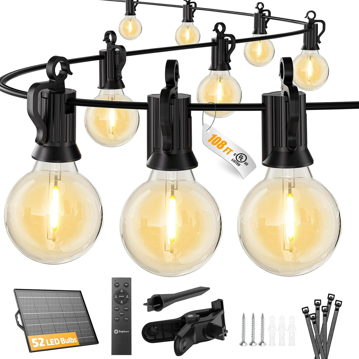 brightown 108ft 52led solar string lights outdoor with, main product view