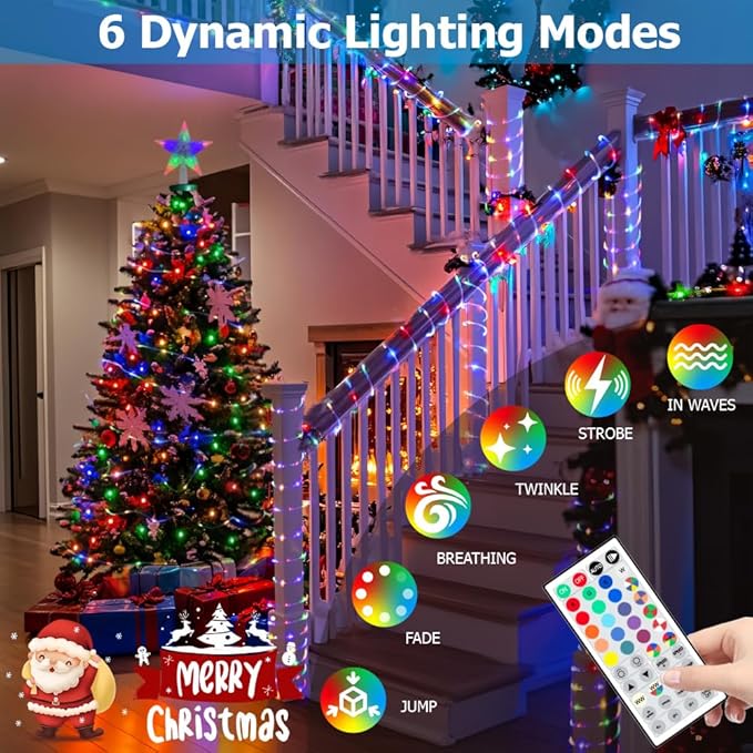 50ft Outdoor Rope Light, IP68 Waterproof 25 Color Changing String Lights with 149 Modes, Warm White & RGB LED Multicolor Twinkle Fairy Tube Lights for Indoor & Outside Railing, Balcony, Patio Decor