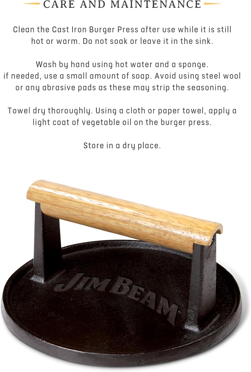 Jim Beam JB0158 Black Cast Iron Burger Press - 7'' Heavy Duty Burger Press with Solid Wood Handle
