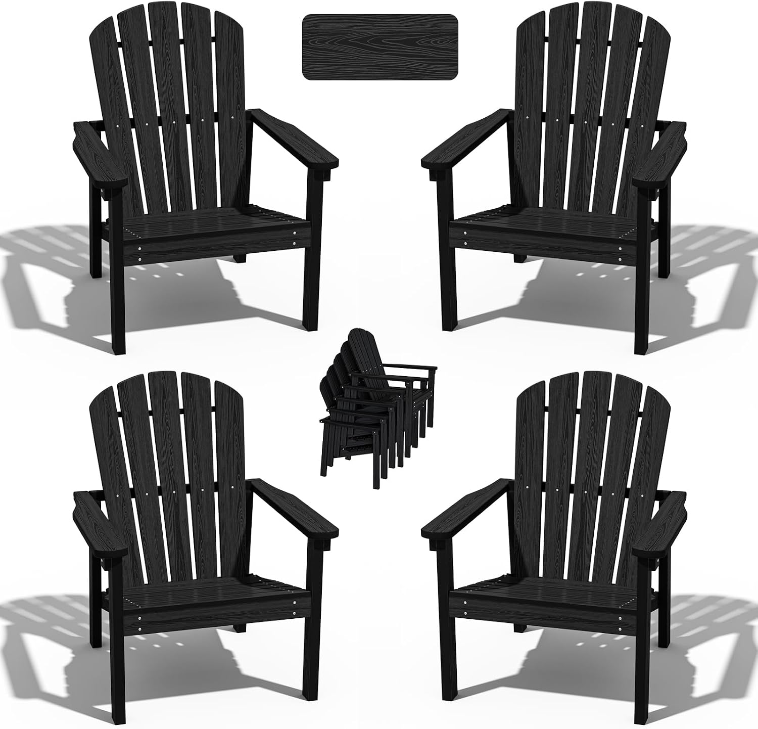 Compact Stackable Adirondack Chairs Set of 4,HDPE,Black | 26.3" Wide HDPE,380lb,All-Weather Outdoor.Maintenance-Free.Stackable for Storage.25°Curved Straight Backrest.Quick Assembly