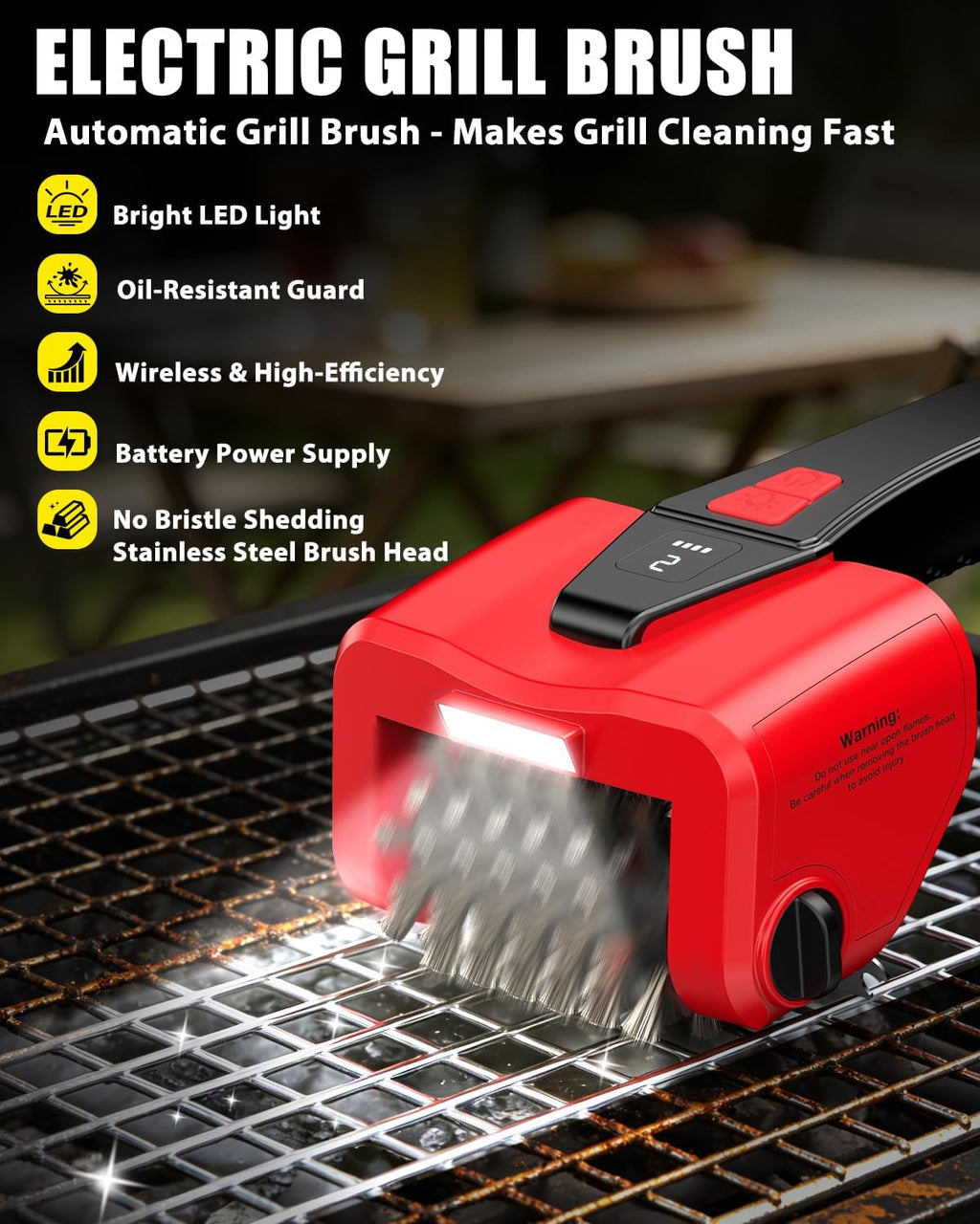Electric BBQ Grill Brush, 800RPM Automatic Grill Cleaner for Outdoor Grill with 2-Speed & 20kg Torque–4500mAh Battery,LED Light for Night, No Bristle Drop Safe for Cast Iron Stainless,Gift for Men Dad