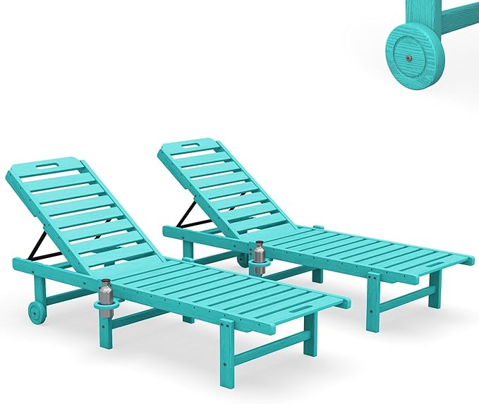 SERWALL Outdoor Chaise Lounge Set of 2, All-Weather HDPE Pool Lounge Chairs with 5-Position Adjustable Backrest, Rolling Wheels & Cup Holder for Poolside, Aruba
