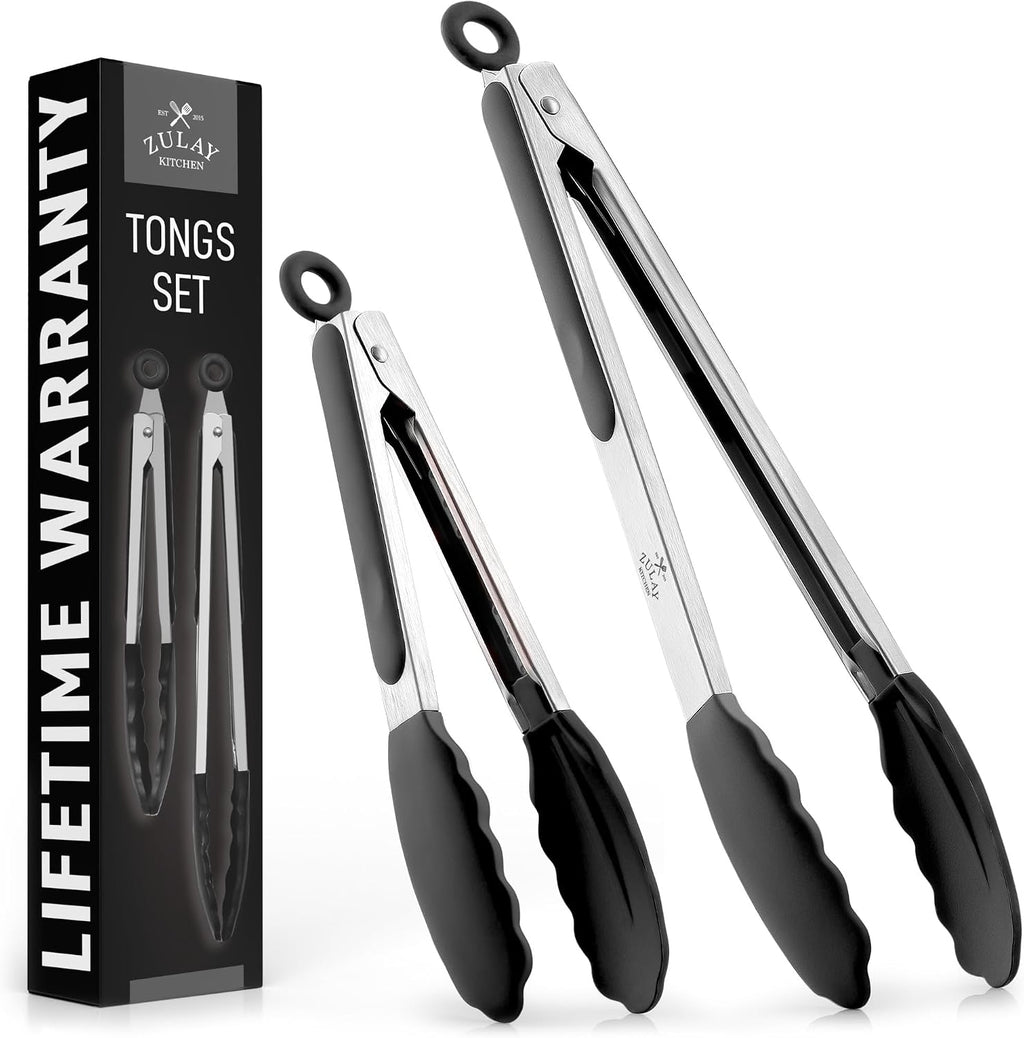 Zulay Premium Set of Stainless Steel Tongs for Cooking, Grilling and Barbecue - 12" Heavy Duty Silicone Tongs with Heat Resistant, Nonstick, Silicone Heads, Best for Non-Scratch Cookware
