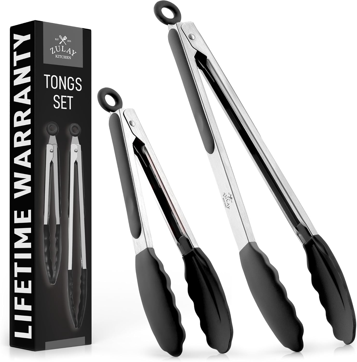 Zulay Premium Set of Stainless Steel Tongs for Cooking, Grilling and Barbecue - 12" Heavy Duty Silicone Tongs with Heat Resistant, Nonstick, Silicone Heads, Best for Non-Scratch Cookware