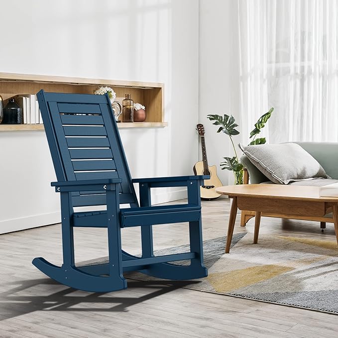 GREENVINES Outdoor Rocking Chairs | Porch Rocker | HDPE Plastic | Blue | Oversized Rockers | High Back | Big & Tall | Ladder Back | for Patio Outside Backyard Balcony Garden
