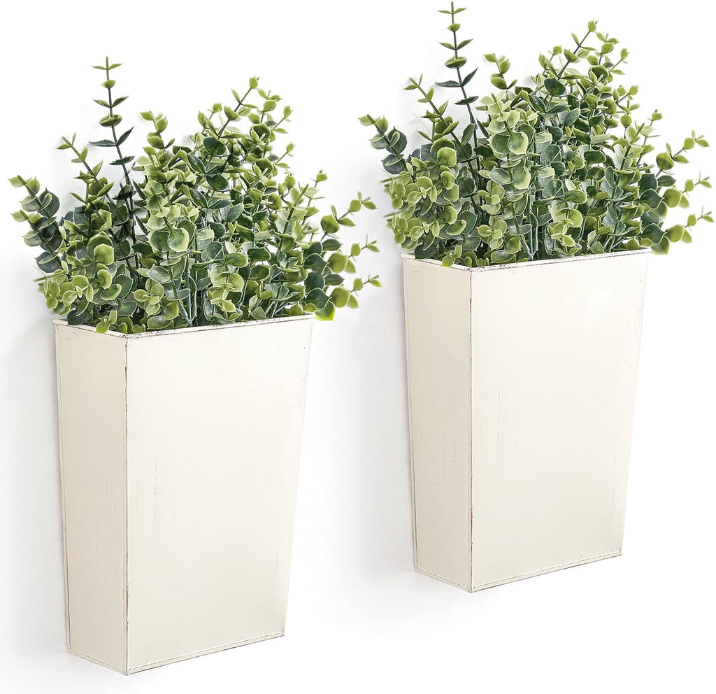 Dahey 2 Packs Metal Wall Planter Vase with Artificial Eucalyptus, Farmhouse Wall Decor Hanging Fake Plants Flowers Holder for Country Rustic Bedroom Bathroom Living Room Kitchen Decoration, White