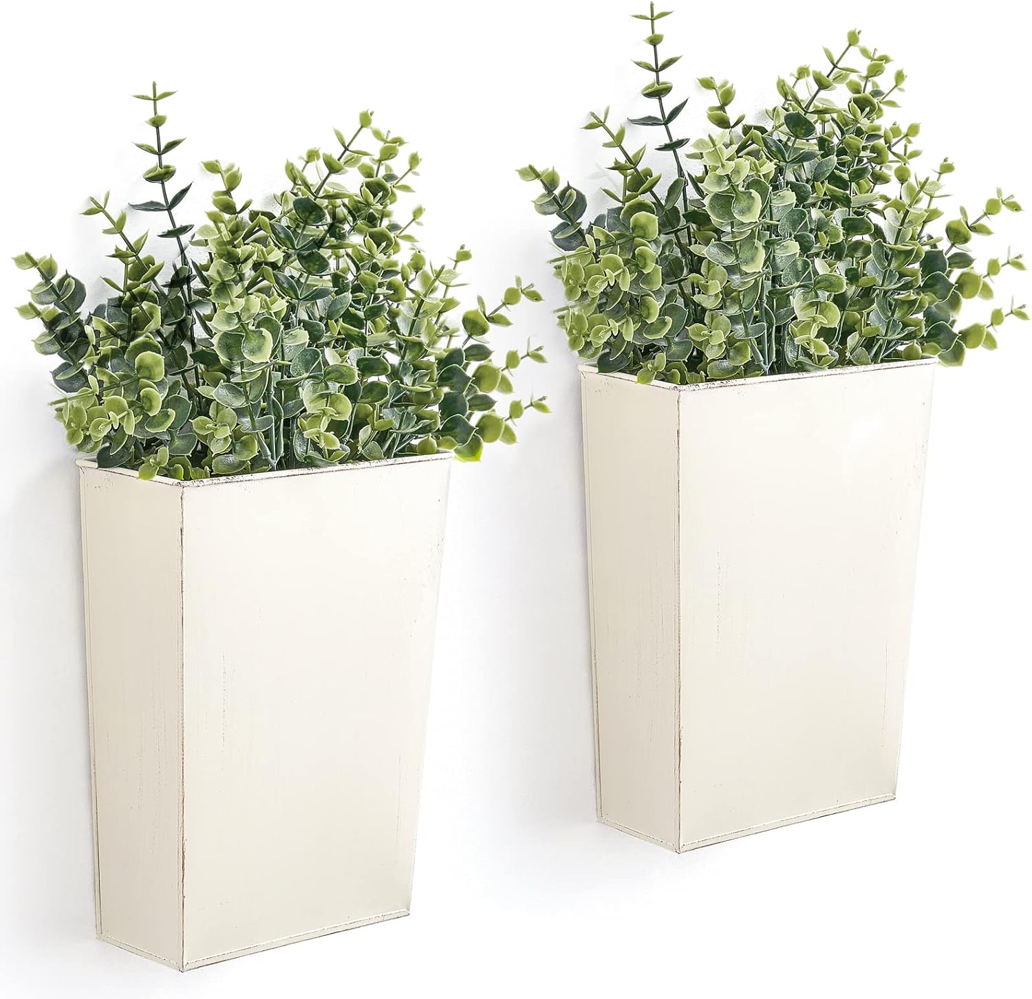 Dahey 2 Packs Metal Wall Planter Vase with Artificial Eucalyptus, Farmhouse Wall Decor Hanging Fake Plants Flowers Holder for Country Rustic Bedroom Bathroom Living Room Kitchen Decoration, White