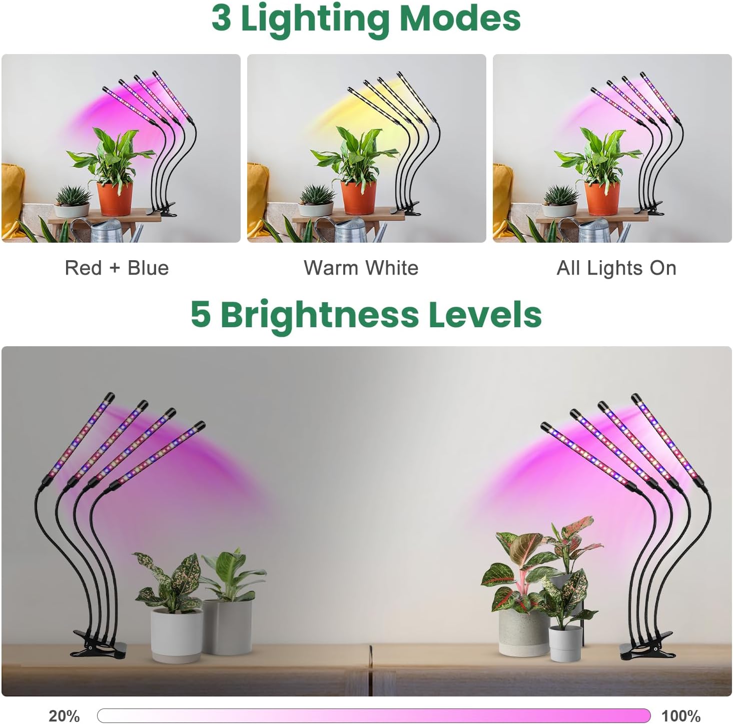 Grow Lights for Indoor Plants, Full Spectrum with Clip, 4 Head | 6000K Plant Light, Timer 6/12/16Hrs, 3 Spectrums, 5 Dimmable Levels, Flexible Gooseneck